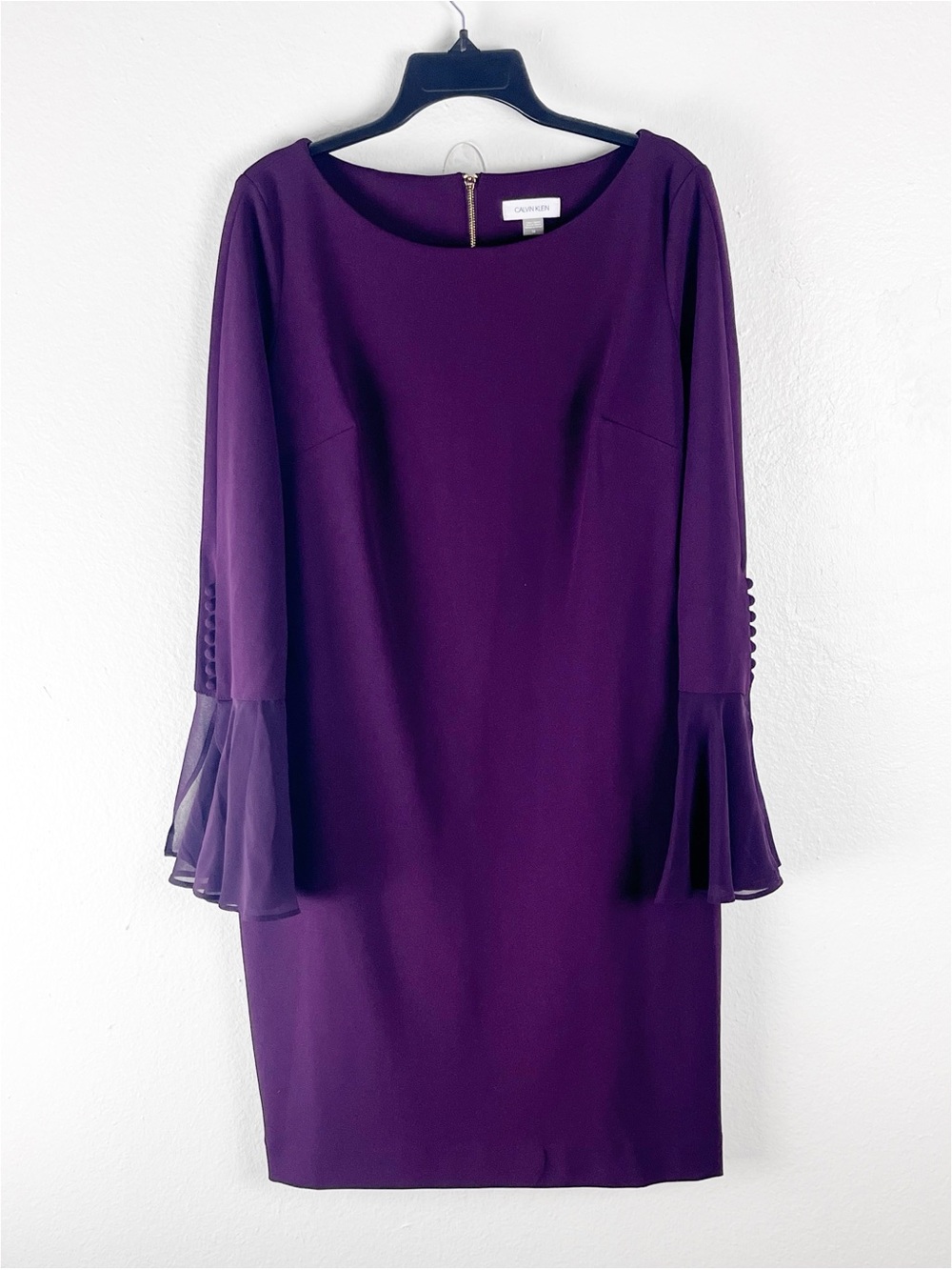 CALVIN KLEIN Burgundy Chiffon Bell Sleeves Back Zipper Dress Size 14 Corpcore